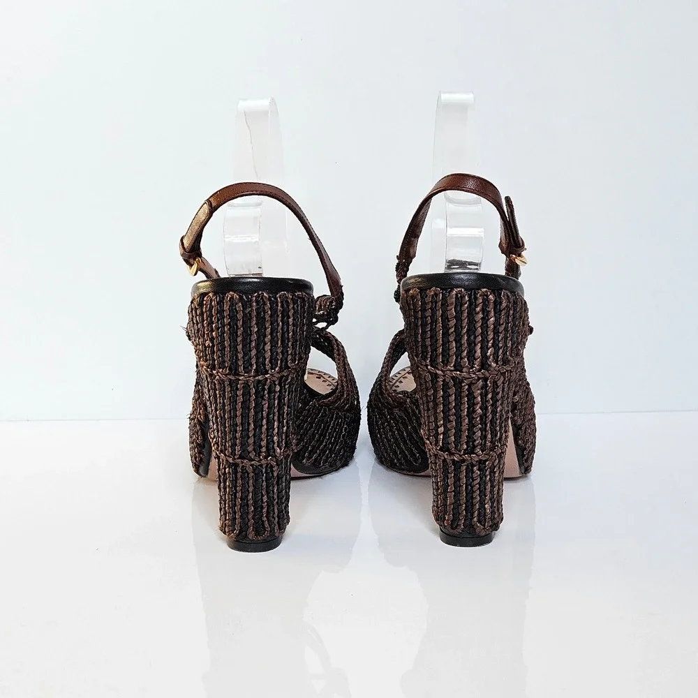 Prada Woven Bronze Metallic Platform Sandals Block Heel Knotted Raffia 40.5 IT